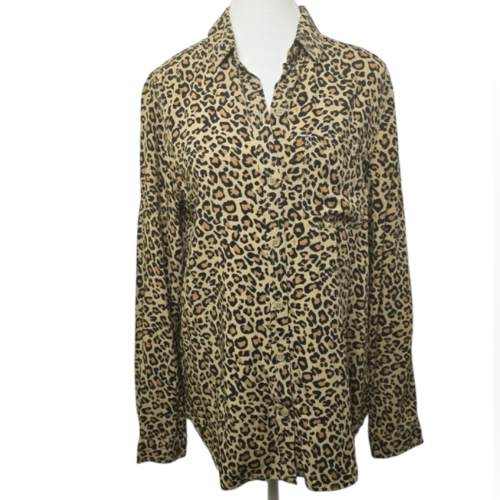 Beachlunchlounge Leopard Print Button-Up Long Sleeve Blouse Women’s M